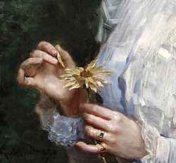 a painting called 'Young girl plucking the Petals from a Marguerite' by Raimundo de Madrazo y Garreta