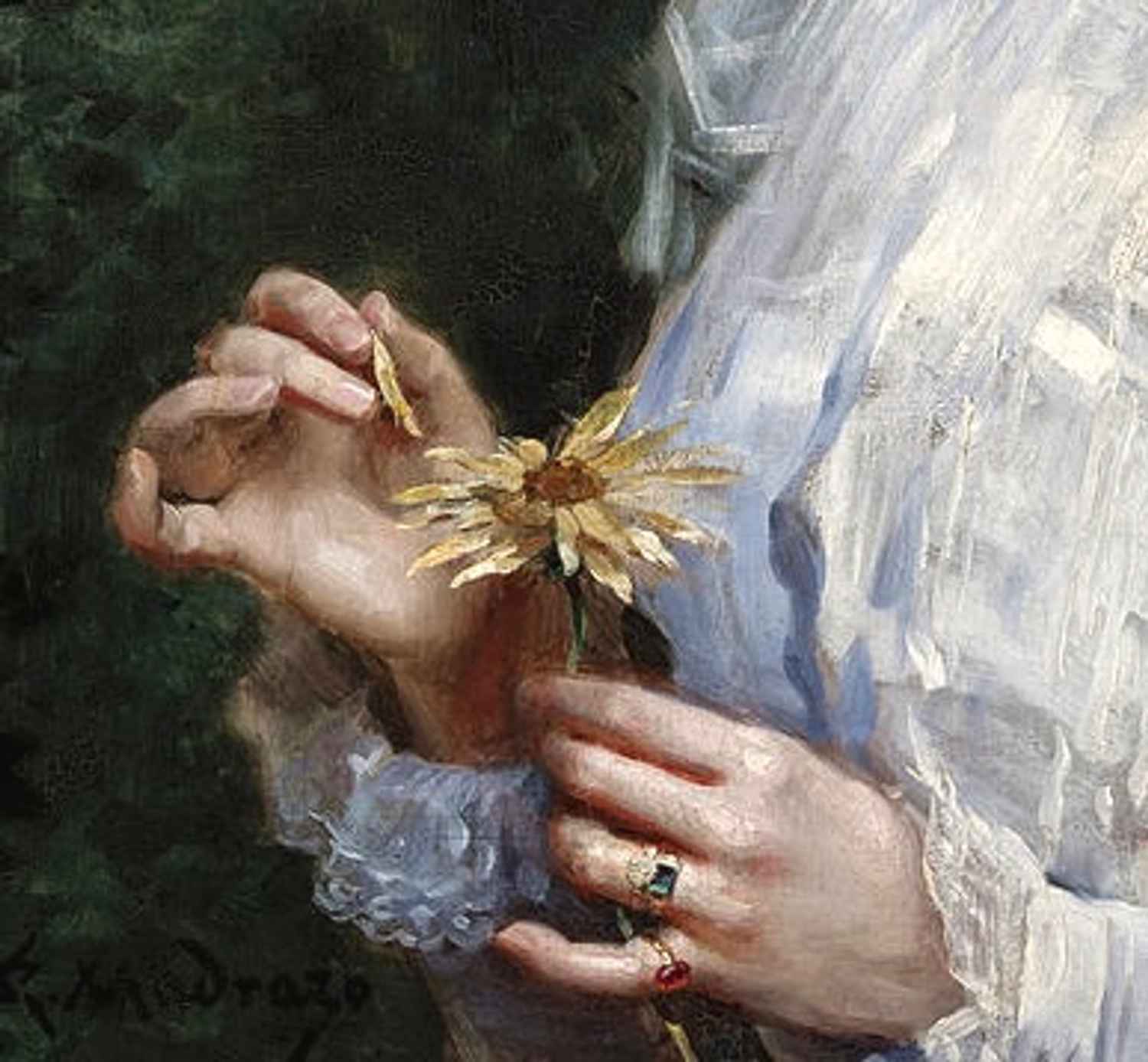 a painting called 'Young girl plucking the Petals from a Marguerite' by Raimundo de Madrazo y Garreta